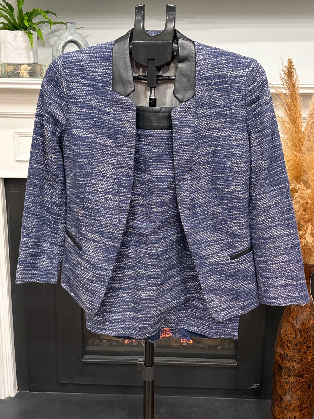 Ann Taylor Women's Navy Tweed Suit (Jacket and Skirt) and with Leather Trim